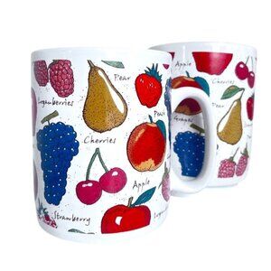 Set Of 2 24oz Ceramic Mugs Coffee Tea Soup Cereal Colorful Fruit Patterned HF97